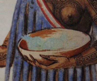 Figure 4. Detailed view of figure 3, showing bowl with what could be pineapples in the woman’s left hand.